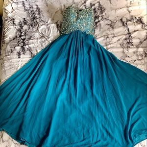 Long strapless blue prom dress